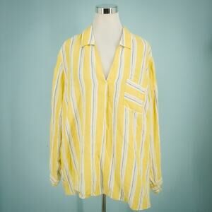 J. Jill Plus Size 3X Love Linen Yellow Stripe V Neck Long Roll Sleeve Top Blouse